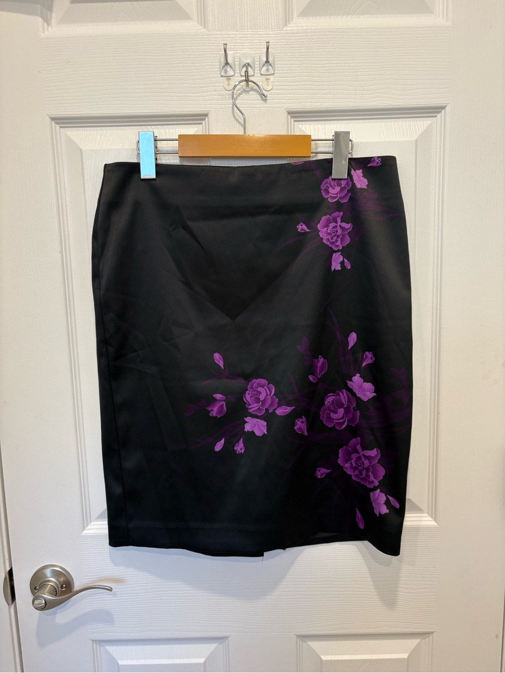 Black Pencil Skirt with Purple Floral Print - Brand #1233